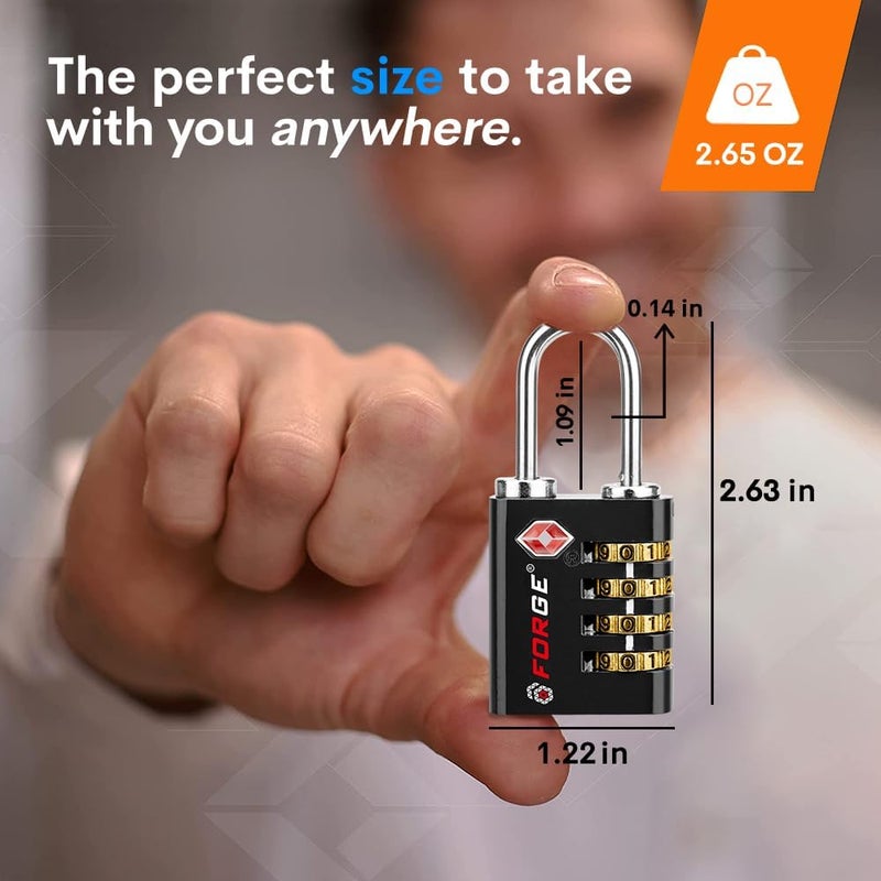 Forge Dual-Opening: Key or Combination Access Lock, Use Key to Recover Code If Forgotten, TSA Approved Locks for Luggage, Pelican case, Travel, Gym, School, Stainless Steel Shackle.(Black 6 Pk) - Image 4